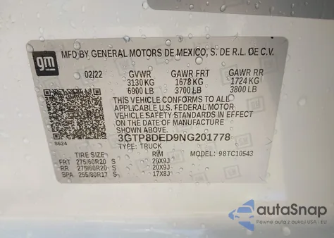 2022 GMC Sierra 1500 Limited 2Wd Short Box Slt from USA, damaged, VIN 3GTP8DED9NG201778